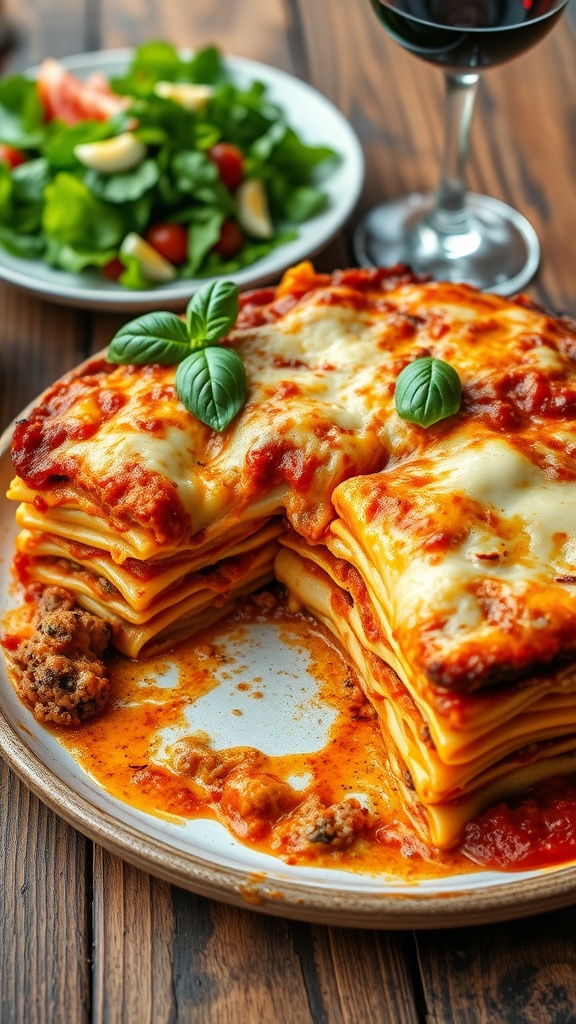 A classic homemade lasagna with layers of pasta, meat sauce, and cheese, garnished with basil on a rustic table.